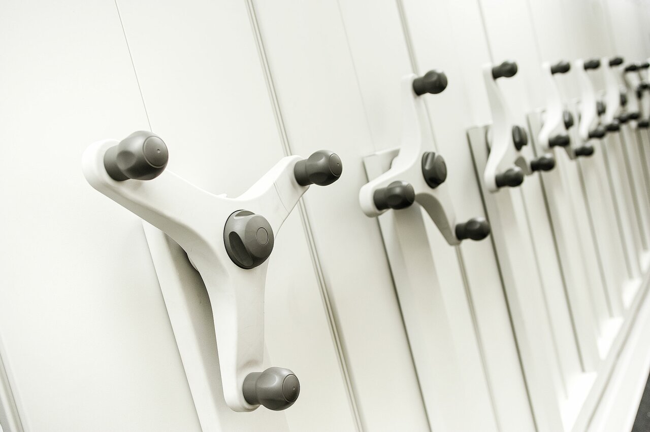 Christies - London - Mobile shelving - handle detail.