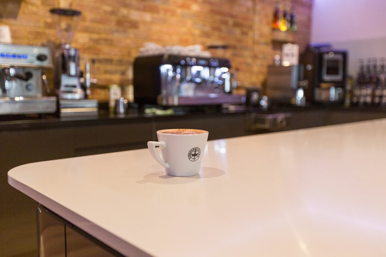 Kingdom Coffee - small warehouse mezzanines - Coffee bar detail shot.