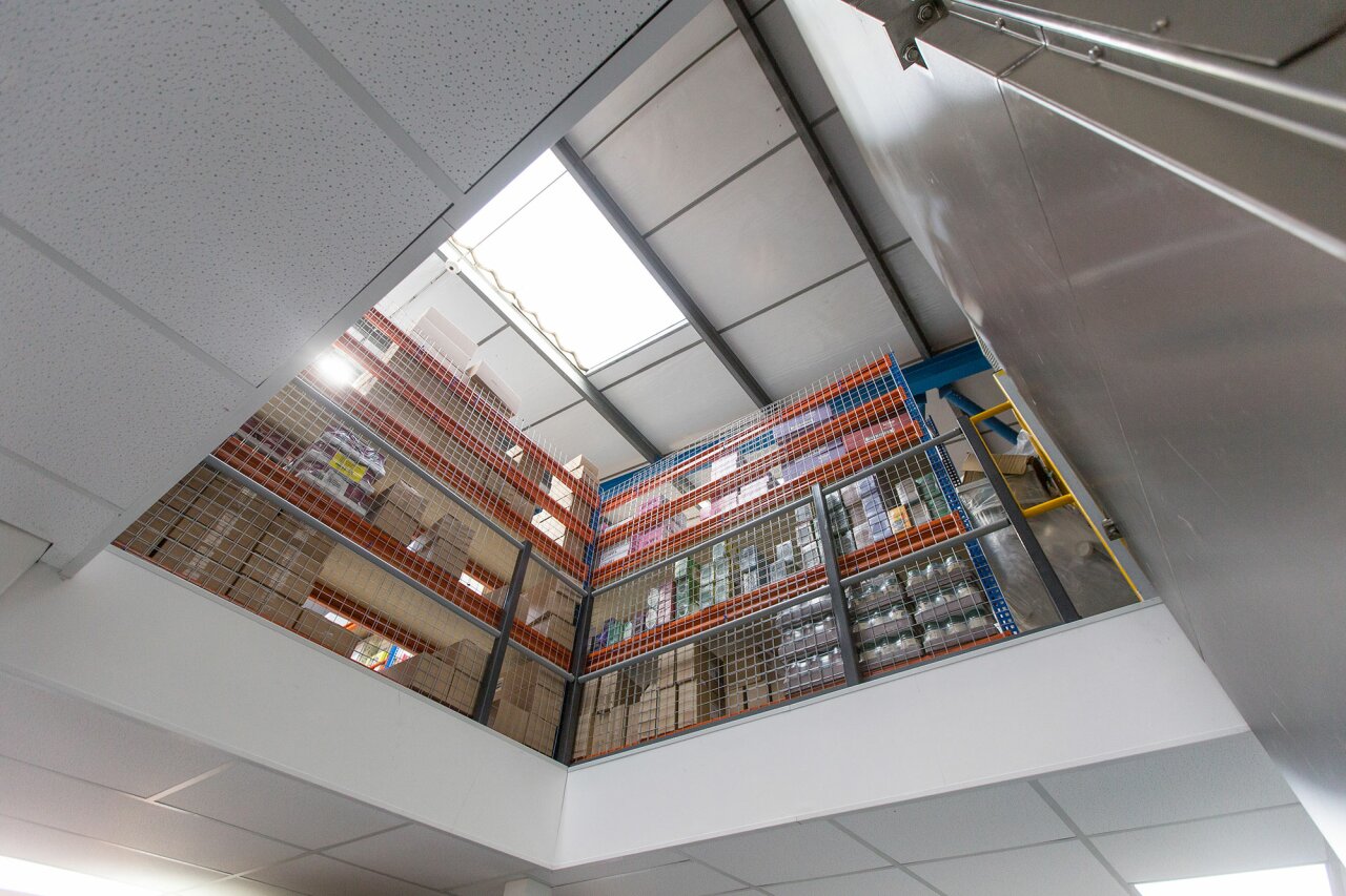 Kingdom Coffee - Small warehouse mezzanine - mezzanine floor from below.