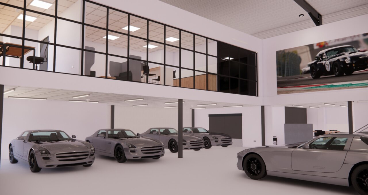 Car storage mezzanine floor - pursuit racing - showroom 3D render.